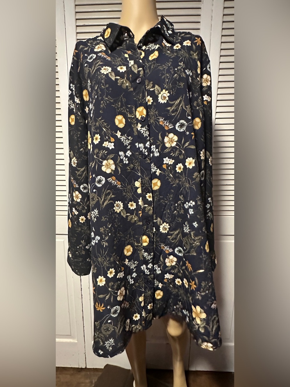 Boohoo Boho Black Floral Button Up Long Sleeve Shirt Dress 18